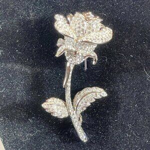 Nolan Miller VTG Rose Bud Silver Tone Pave Crystal Brooch Pin Flower Jewelry